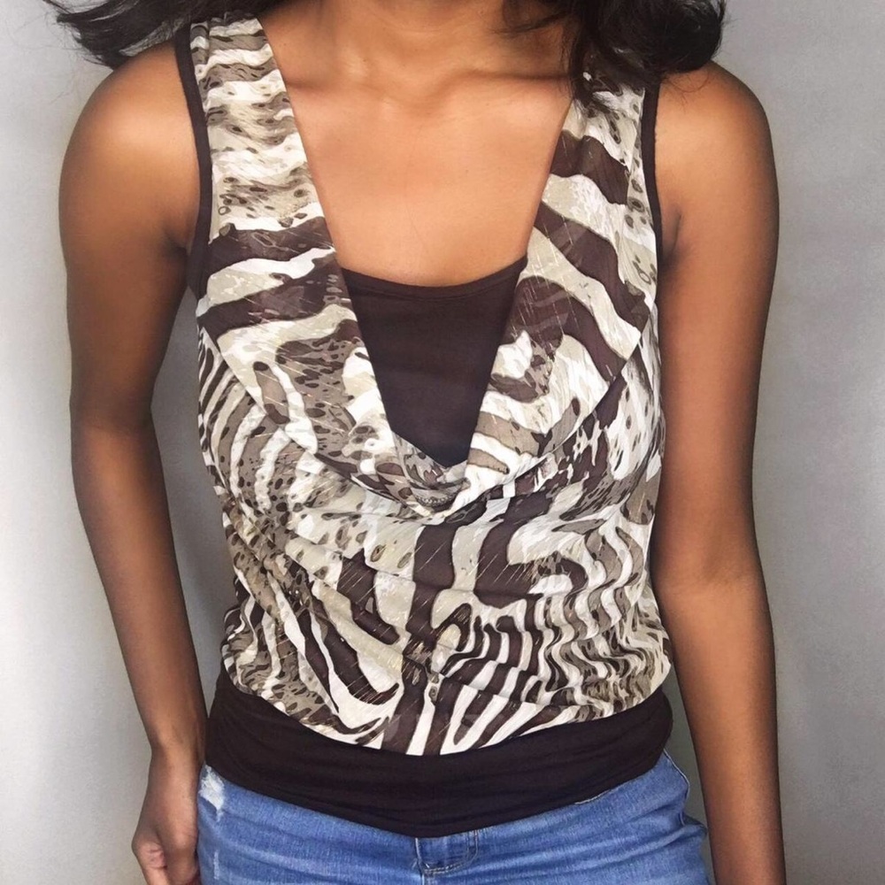 VINTAGE, BCX brown, cowl neck, abstract/zebra print blouse